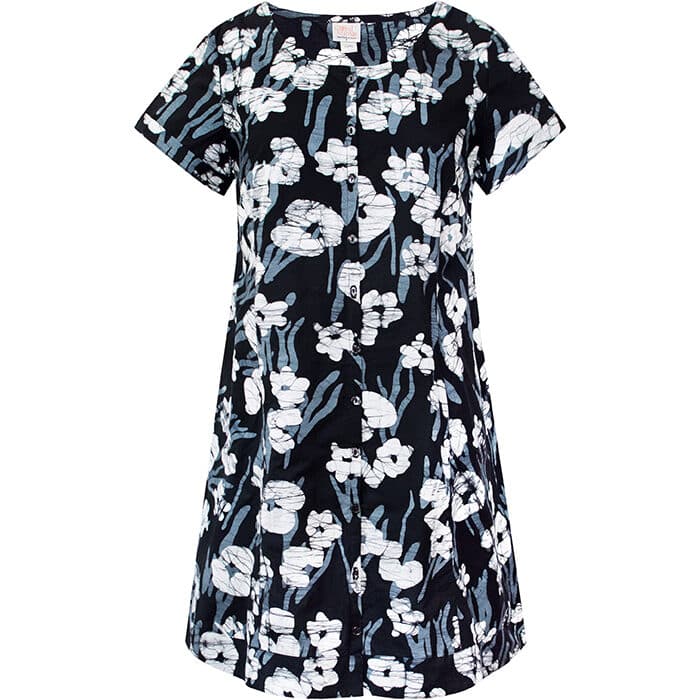 Button Front Dress: Painted Floral - Black-Organic
